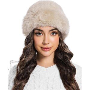 Women's Beige Faux Fur Fluffy Bucket Hat Winter Warm Fuzzy Mongolian Hat